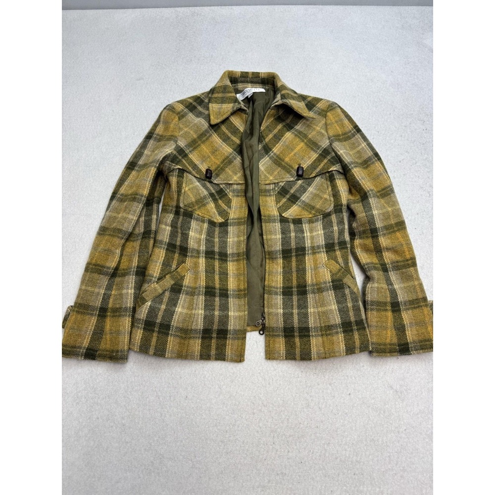 Worth Jacket Womens Petite 2 Green Plaid Wool Tweed Full Zip Pockets Lined